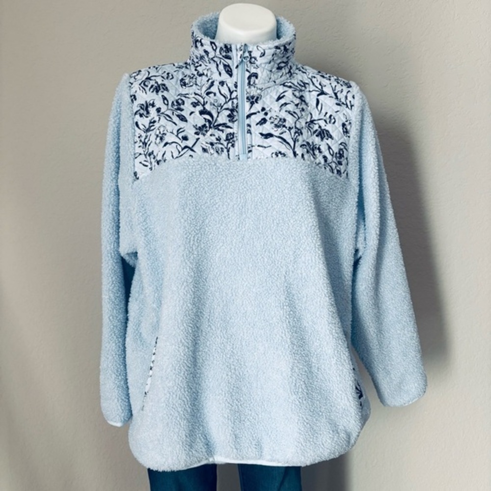 Vera Bradley Teddy Fleece 1/4 Zip Misty Surf Perennials Floral Pullover Top 2X